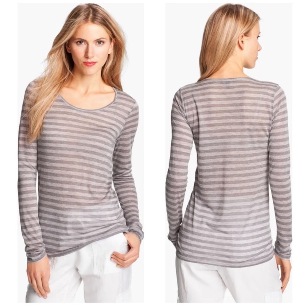 Eileen Fisher Stripe Micro Modal Scoop Neck Striped Top Dark Pearl Gray Large L
